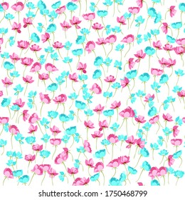 Spring tulips background. Seamless floral pattern. Small flowers print. Liberty style millefleurs