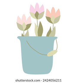 Spring Tulips in Bucket. Floral Bouquet of fresh Blossomed Flowers in Pot. Pretty posies with lush petals. Flat Vector illustration Isolated on white for Greeting Card, Holiday Poster, Banner, Decor.