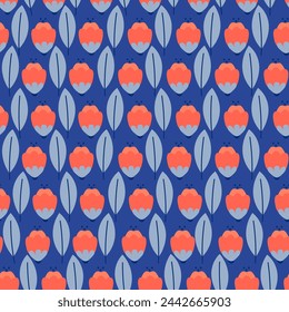 Spring tulips buds seamless pattern. Bright flowers on blue background.