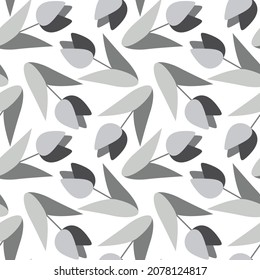 tulipanes primaverales delicados flores patrón vectorial sin fisuras. plantas florecientes, colores grises monocromos, fondo blanco