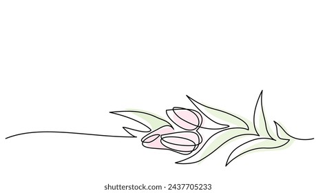 Spring Tulips flowers decoration row border. Continuous one line drawing. Minimalist contour artwork. Vector illustration