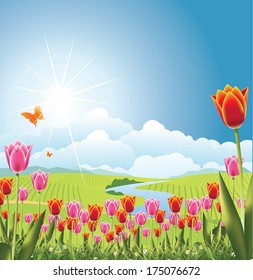 Spring tulips with stream and fields background EPS 10 vector, grouped for easy editing. No open shapes or paths.