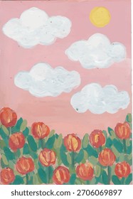 Tulipanes de primavera bajo un cielo rosado