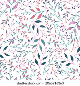 Spring twig seamless pattern design. Rustic berry herbs wallpaper. Batik fashion print. Natural grass twig branches pattern background. Garden wallpaper.
