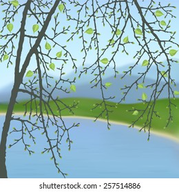 Spring twig tree. Stylish spring background with a place for text, good for cards, invitations