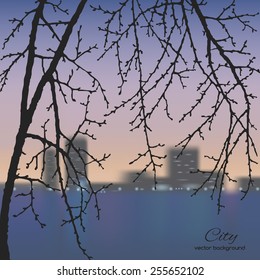 Spring twig tree the urban landscape. Spring holiday card with place for text. Stylish fashion background