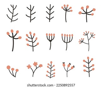 Spring twigs with buds. Vector set of branches isolated on a white background