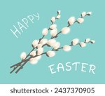 Spring twigs willow tree blossom. Happy Easter greeting card. Vector illustration in flat style on a blue background.