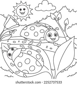 Spring Two Ladybugs Coloring Page for Kids