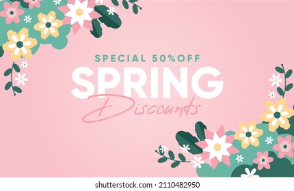 Spring typo logotype, badge typography icon. Lettering spring season with leaf and flowers for greeting card, invitation template. Pink lettering banner poster pink background