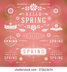 Spring Typographic Design Set. Retro and Vintage Style Templates. Vector Design Elements and Icons. Spring Logos, Spring Greeting Cards, Spring Sale Badges, Spring Vector, Flowers Vector Collection.