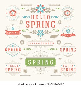 Spring Typographic Design Set. Retro and Vintage Style Templates. Vector Design Elements and Icons. Spring Logos, Spring Greeting Cards, Spring Sale Badges, Spring Vector, Flowers Vector Collection.