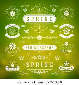 Spring Typographic Design Set. Retro and Vintage Style Templates. Vector Design Elements and Icons. Spring Logos, Spring Greeting Cards, Spring Sale Badges, Spring Vector, Flowers Vector Collection.