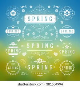 Spring Typographic Design Set. Retro and Vintage Style Templates. Vector Design Elements and Icons. Spring Logos, Spring Greeting Cards, Spring Sale Badges, Spring Vector, Flowers Vector Collection.