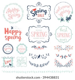 Spring typographic design set. Vector elements with spring quotes, flowers, wreaths, frames, hearts, birds and butterflies. Good for greeting cards, sale badges, scrapbook and logos.