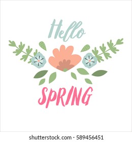 Spring typographic flower design. Vector elements with spring quotes flowers nature wreath frame heart and spring logo badge. Good for greeting cards, sale badges, scrapbook and logo