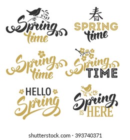 Spring Typographical Lettering Designs Set. Text Spring Time. Hello Spring. Spring Calligraphic Design. Overlays on Spring Theme. Isolated on White Background. Vector Illustration.