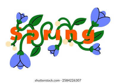 Spring Typography – a bright, flat illustration in a minimalist style with floral elements. Perfect for spring greeting cards, social media, posters, banners, and printed materials.
