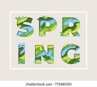 Spring typography design with abstract paper cut shapes, leaves and flowers. Vector illustration. Colorful floral elements