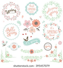 Spring typography design set. Vector elements with spring quotes, flowers, wreaths, frames, hearts, bird and ornate motifs. Good for greeting cards, scrapbook and logos.