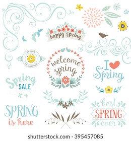 Spring typography design set. Vector elements with spring quotes, flowers, wreaths, frames, hearts, bird and butterflies. Good for greeting cards, badges and scrapbook. 