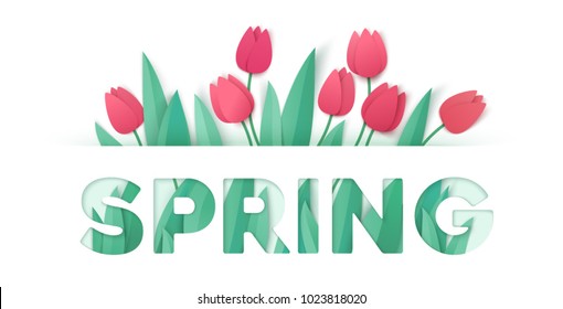 Spring typography floral composition with tulip flowers and leaves in paper cut art style. Vector illustration template for seasonal greeting card, banner, poster