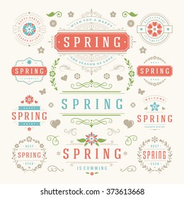 Spring typography labels and badges design set vintage style templates. Vector design elements and icons. Good for greeting cards, sale banners ad posters.