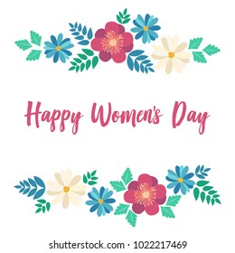 Spring typography poster with cute colorful flowers and Happy Women's Day text in flat style. Vector illustration for 8 March, Mother's Day, greeting cards, invitations. Flower frame background.