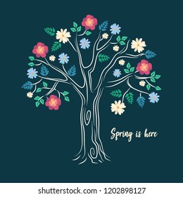Spring typography poster with cute colorful flowers in flat style on the tree. Vector illustration for 8 March Woman's Day, Mother's Day, greeting cards, wedding invitations. Spring is here text