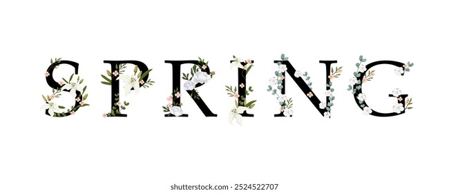 Tipografia primaveril com flores macias e vegetação envolta em torno de cada letra. O design fresco e elegante celebra a beleza da natureza em plena floração, perfeito para marca sazonal ou decoração.