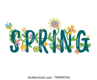 Spring typography text design decorated with flowers. Floral concept. Colorful vector illustration. Flat cartoon style. .