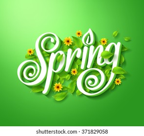 Spring Typography Title Concept in 3D with Long Shadow Decorated with Flying Leaves and Flowers in Green Background. Realistic Vector Illustration 