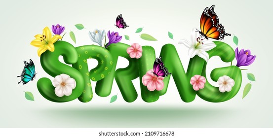 Diseño de vectores de tipografía primaveral. Texto de primavera 3d en patrones realistas verdes con hojas, flores y mariposas elementos naturales para la temporada floral. Ilustración vectorial.
