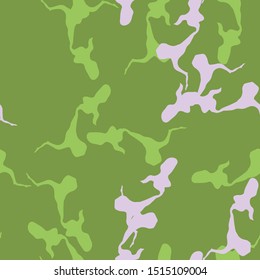 Spring UFO camouflage of various shades of green and pink colors. It is a colorful seamless pattern that can be used as a camo print for clothing and background and backdrop or computer wallpaper