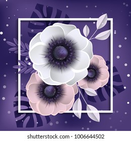 Spring ultra violet background with beautiful colorful anemone flowers. Vector illustration template, banners, flyers, posters, brochure.