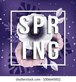 Spring ultra violet background with beautiful colorful anemone flowers. Vector illustration template, banners, flyers, posters, brochure.