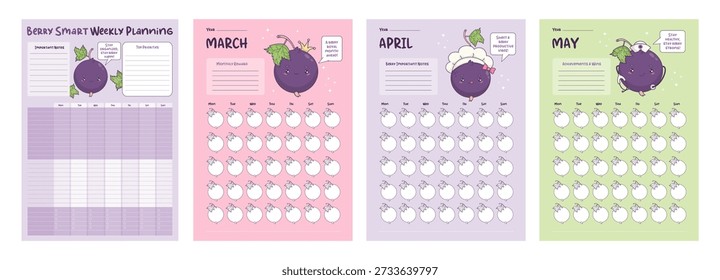 Spring Undated 3-Month Planner Set. Perpetual Monthly Calendar and Weekly Page To-Do List. Cute Kawaii Blackcurrant Character. Isolated Reusable Vertical Printable organizer Bundle Vector illustration