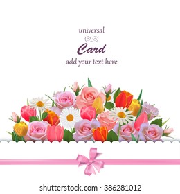 Spring Universal Card with Flowers. Universal Vector  Template. Floral Background or Wallpaper. Roses, Tulips, Chamomiles Field.