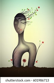 spring unknown soul, surrealistic woman statue, woman shape abstract idea with red rose growing, woman happy dream icon concept,  surrealism, vector