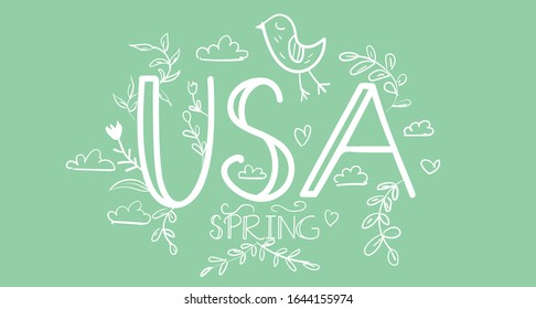 Spring in the USA. Big US letters in flowers, leaves and a cute bird. Vector image.