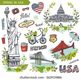 Spring in USA,floral decor.Vector Doodles.American travel symbols in hand drawn sketch,sign of landmark,lettering.Vintage Illustration,background.Golden gate,Brookline bridge,Statue Of Liberty,Capitol