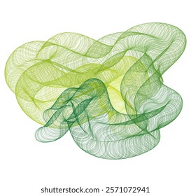 Spring vector background. An abstract digital artwork featuring green and yellow flowing lines forming intricate wave-like patterns. A vibrant mesh of overlapping wireframe shapes in green and yellow 