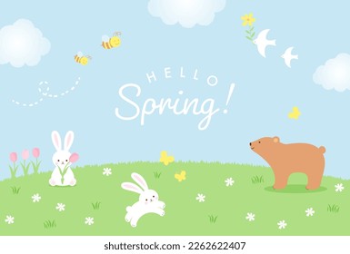 spring vector background with animals, insects and flowers on a green field for banners, cards, flyers, social media wallpapers, etc.