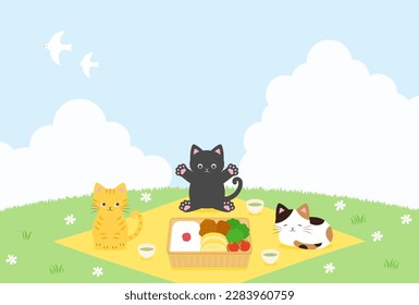 spring vector background with a bento box and cats having a picnic on a green field for banners, cards, flyers, social media wallpapers, etc.