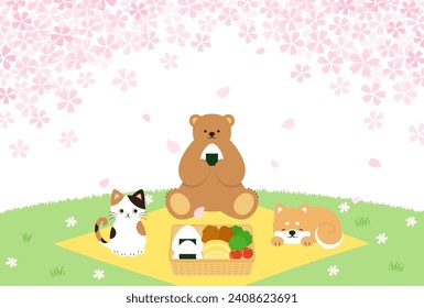 spring vector background with a bento box, cat, bear and dog having a Cherry blossom viewing party on a green field for banners, cards, flyers, social media wallpapers, etc.