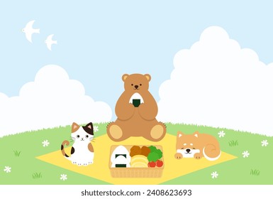 spring vector background with a bento box, cat, bear and dog having a picnic on a green field for banners, cards, flyers, social media wallpapers, etc.