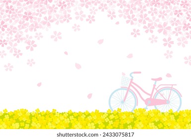 fondo de vector de primavera con la bicicleta con flores de cerezo y canola para banners, tarjetas, volantes, fondos de pantalla de redes sociales, etc.