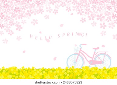 fondo de vector de primavera con la bicicleta con flores de cerezo y canola para banners, tarjetas, volantes, fondos de pantalla de redes sociales, etc.