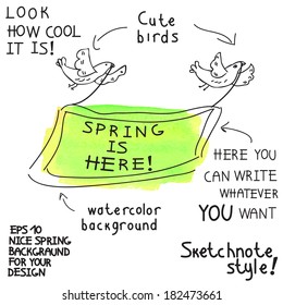 Spring vector background with birds. Sketchnote style