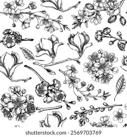 Spring vector background. Blooming branches sketches. Hand-drawn botanical illustration. Floral seamless pattern. NOT AI genereted